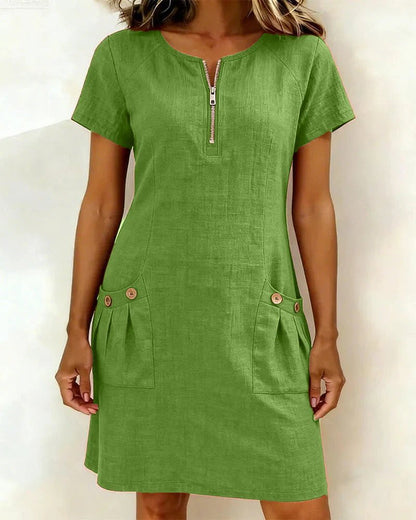 Beate™ | A-line Short Sleeves Pocket Zipper Dress