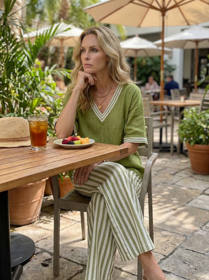 Audrey | Contrast V Neck Tunic Stripe Trouser Set