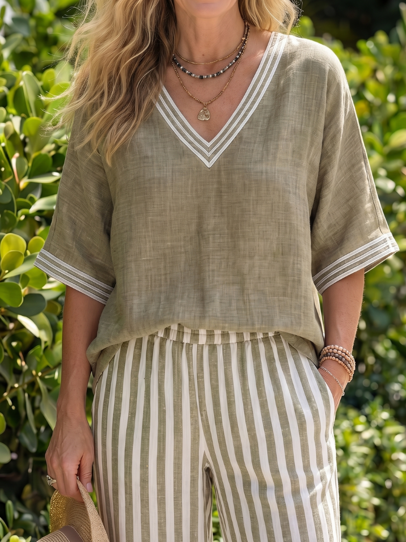 Audrey | Contrast V Neck Tunic Stripe Trouser Set