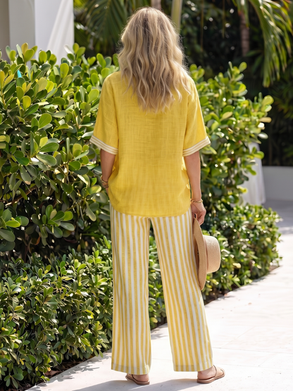 Audrey | Contrast V Neck Tunic Stripe Trouser Set