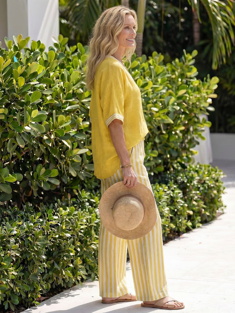 Audrey | Contrast V Neck Tunic Stripe Trouser Set