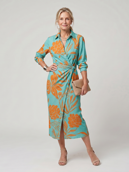 Leya | Long Sleeve Collared Wrap Stripe Pattern Midi Dress