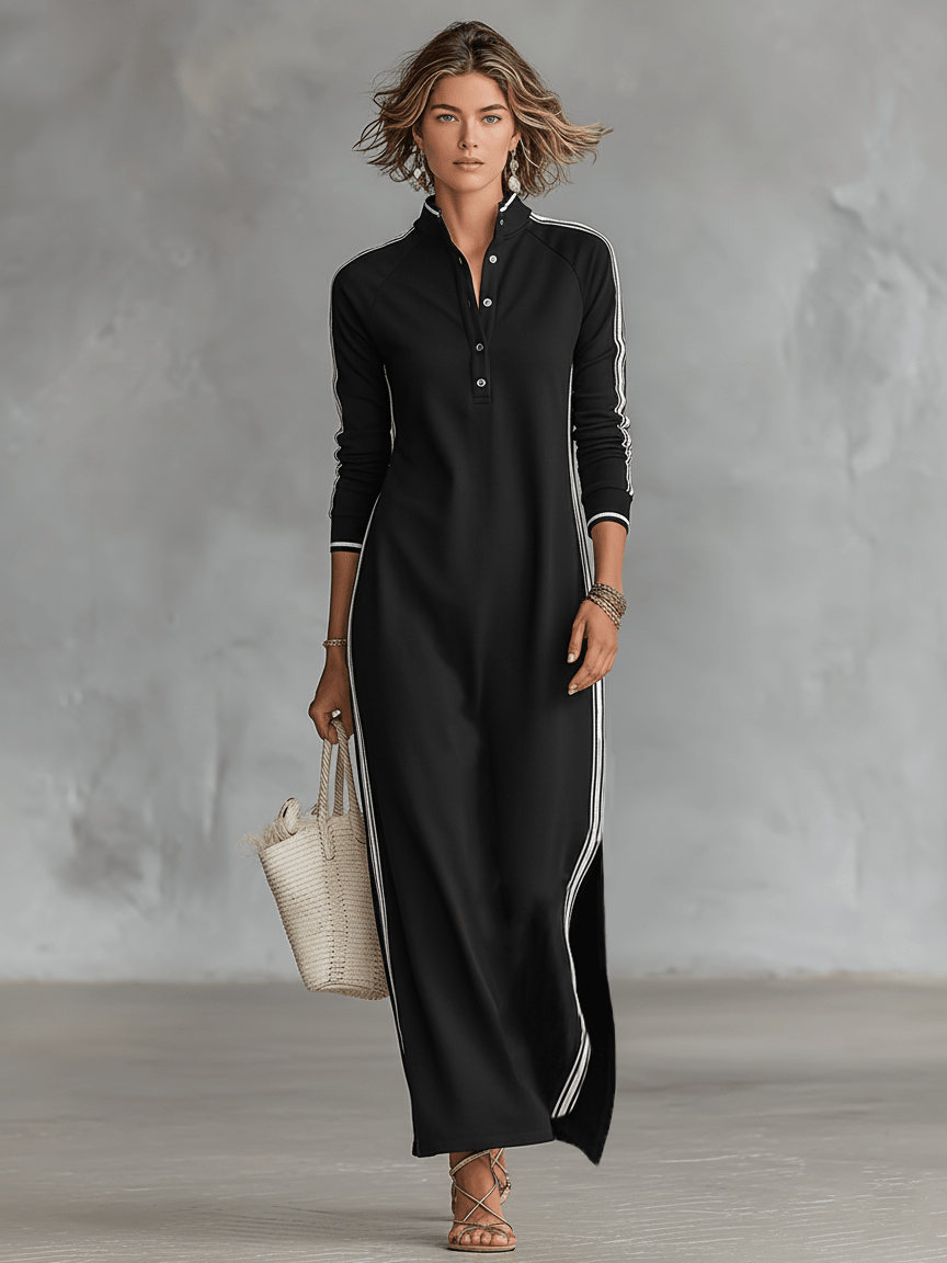 White-trimmed Button-down Collar Sweatshirt Maxi Dress