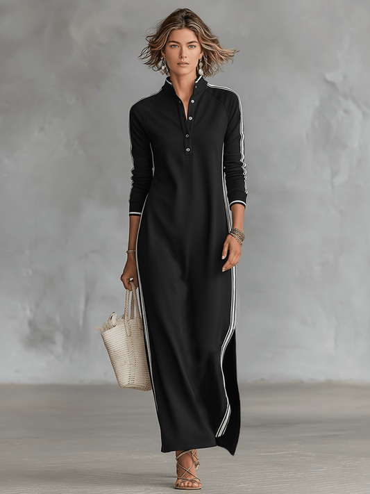 White-trimmed Button-down Collar Sweatshirt Maxi Dress