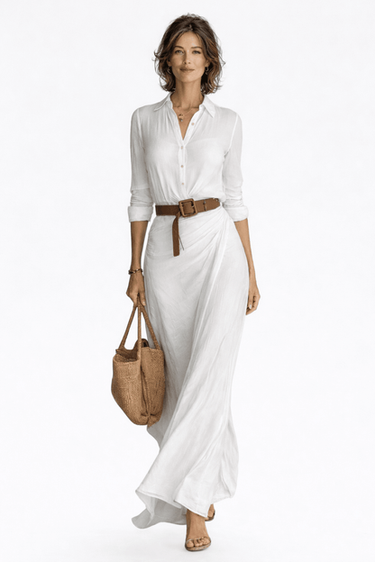 Lapel Single Breasted Long Sleeve Belted Maxi Dress