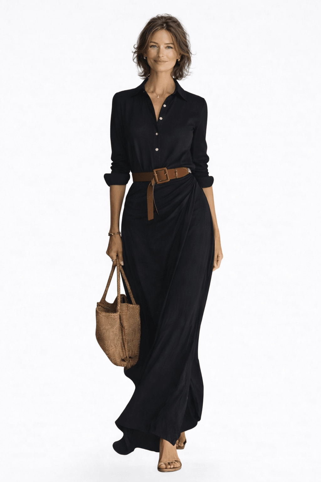 Lapel Single Breasted Long Sleeve Belted Maxi Dress