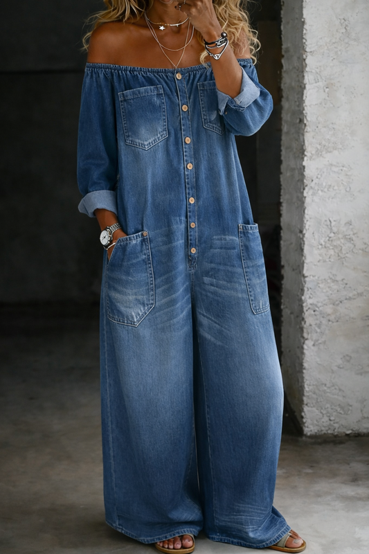 Elena™ | Off-Shoulder Denim Jumpsuit