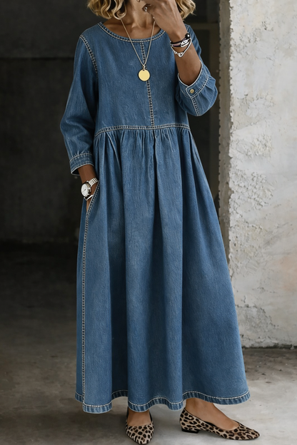 Melissa™ | Round Neck Long Sleeve Denim Dress