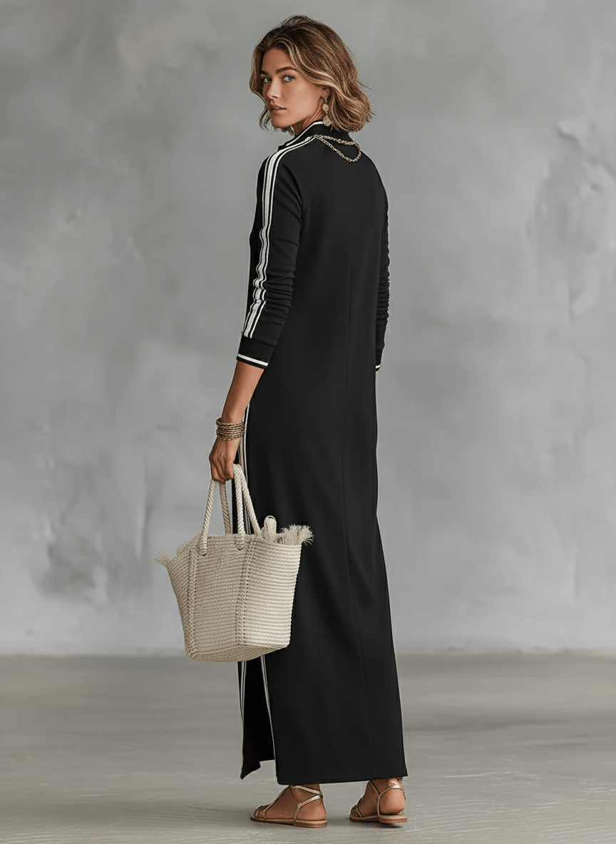 White-trimmed Button-down Collar Sweatshirt Maxi Dress