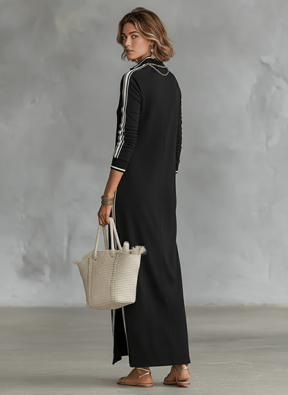 White-trimmed Button-down Collar Sweatshirt Maxi Dress