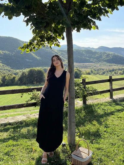 Liora | Sleeveless V Neck Pocket Maxi Dress
