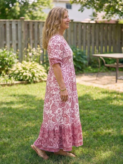 Calandra | Short Sleeve V Neck Floral Midi Dress
