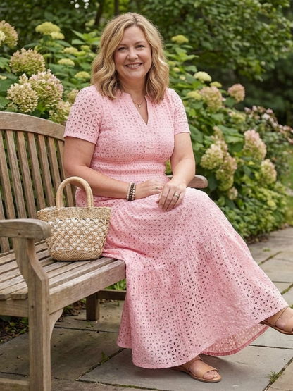 Odelisse | Short Sleeve Eyelet Tiered Midi Dress