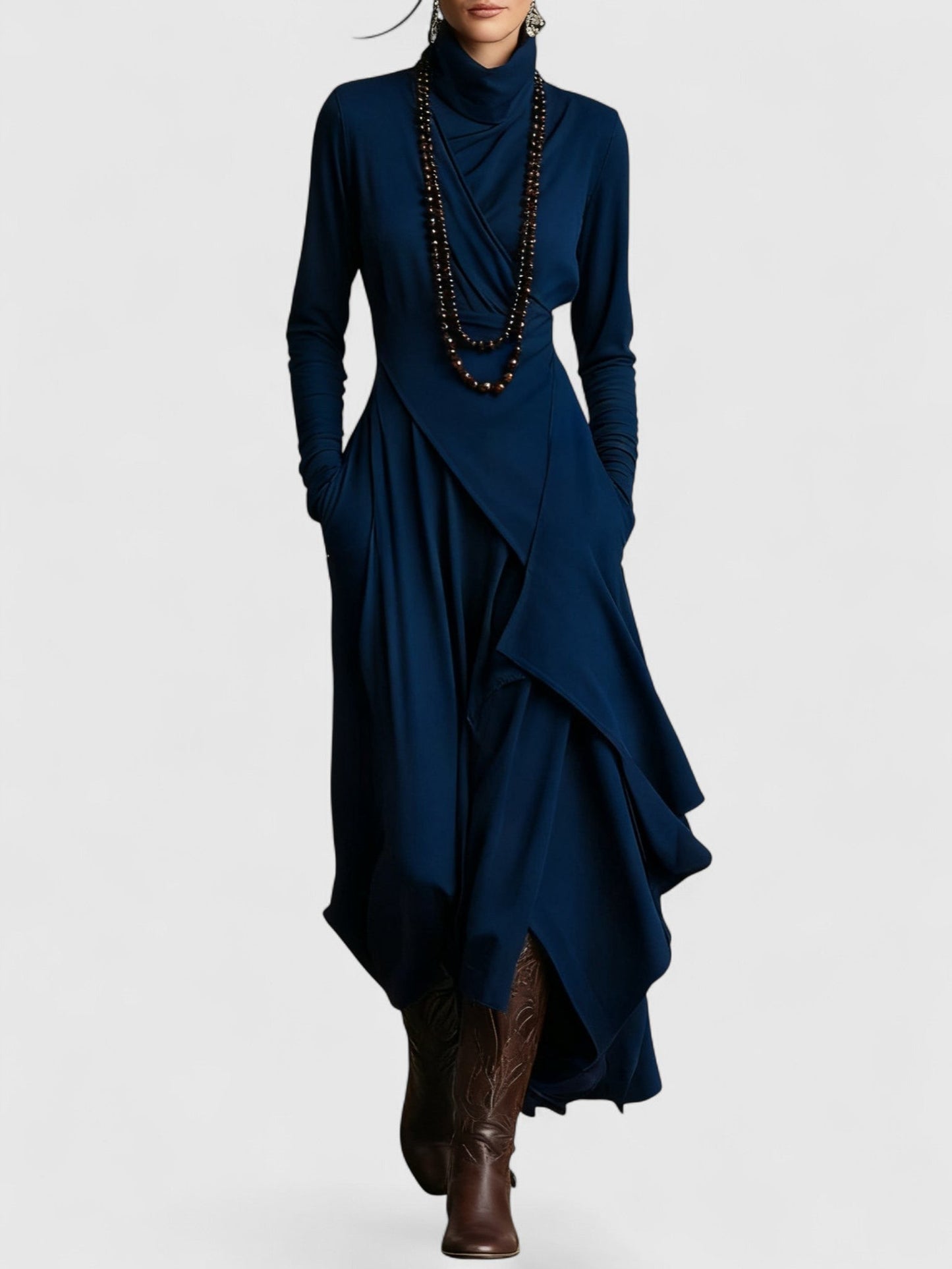 Purple High neck Asymmetrical Pleated Maxi Dress
