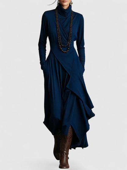 Purple High neck Asymmetrical Pleated Maxi Dress
