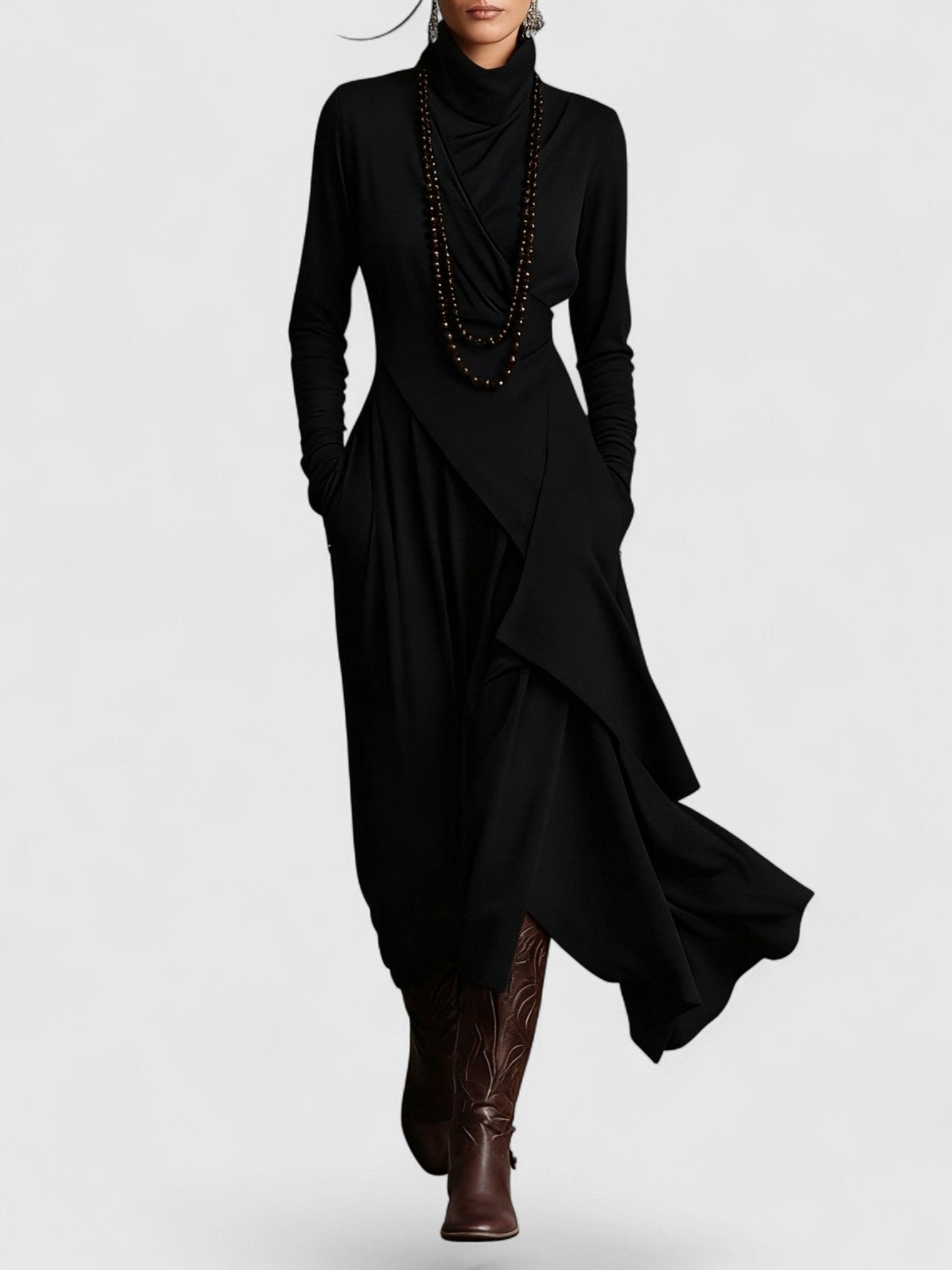 Purple High neck Asymmetrical Pleated Maxi Dress
