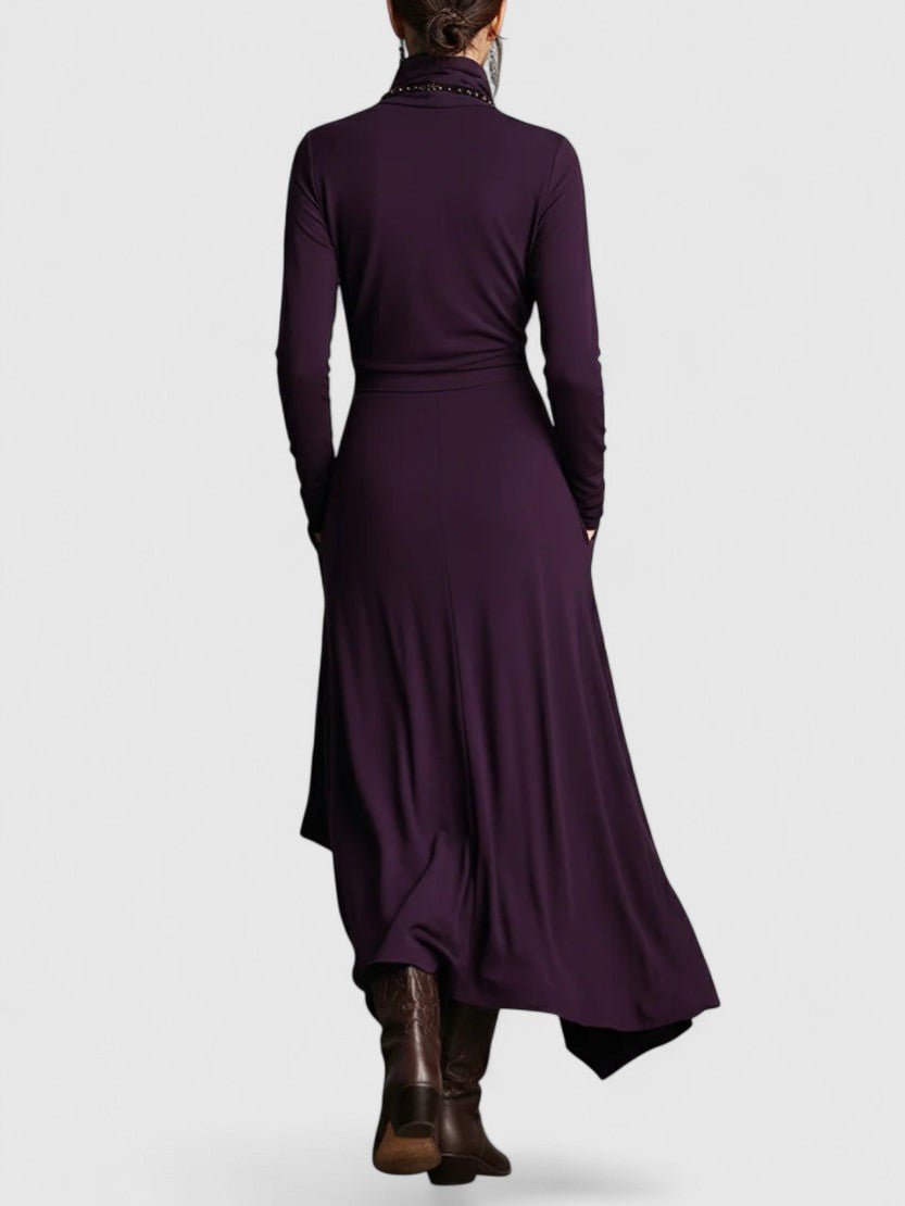 Purple High neck Asymmetrical Pleated Maxi Dress