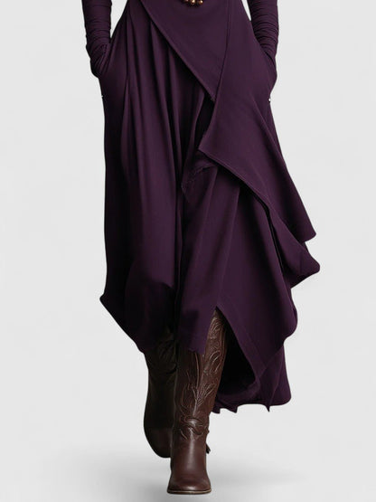 Purple High neck Asymmetrical Pleated Maxi Dress