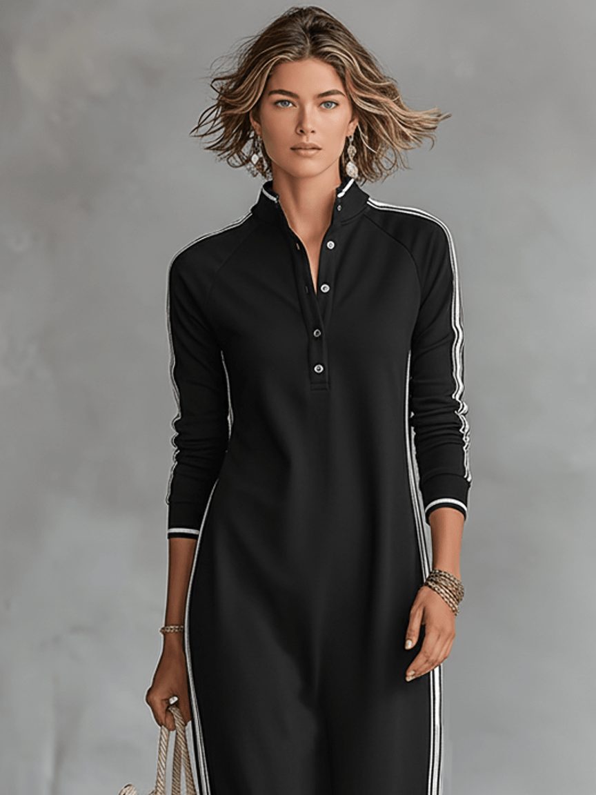 White-trimmed Button-down Collar Sweatshirt Maxi Dress