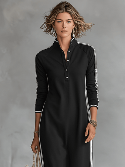 White-trimmed Button-down Collar Sweatshirt Maxi Dress