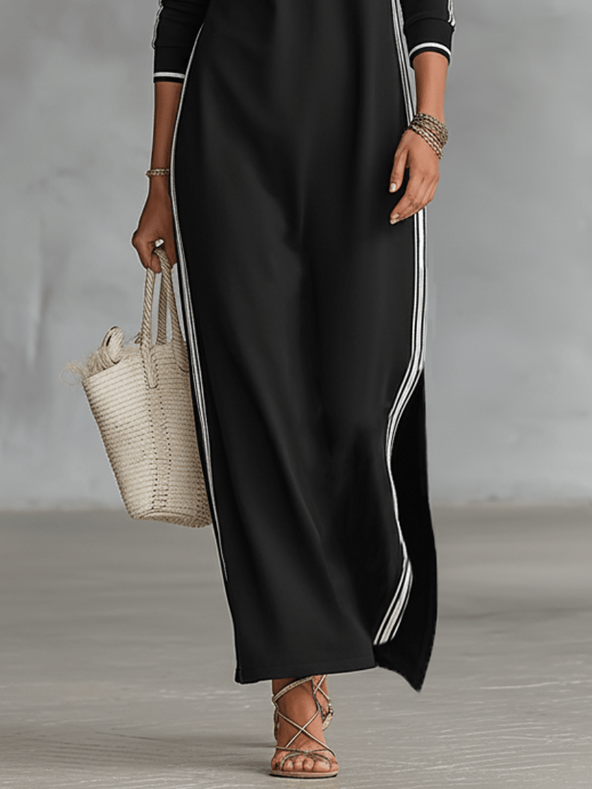White-trimmed Button-down Collar Sweatshirt Maxi Dress