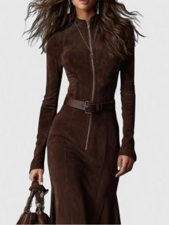Brown Vintage Zipper Belted Midi Dress